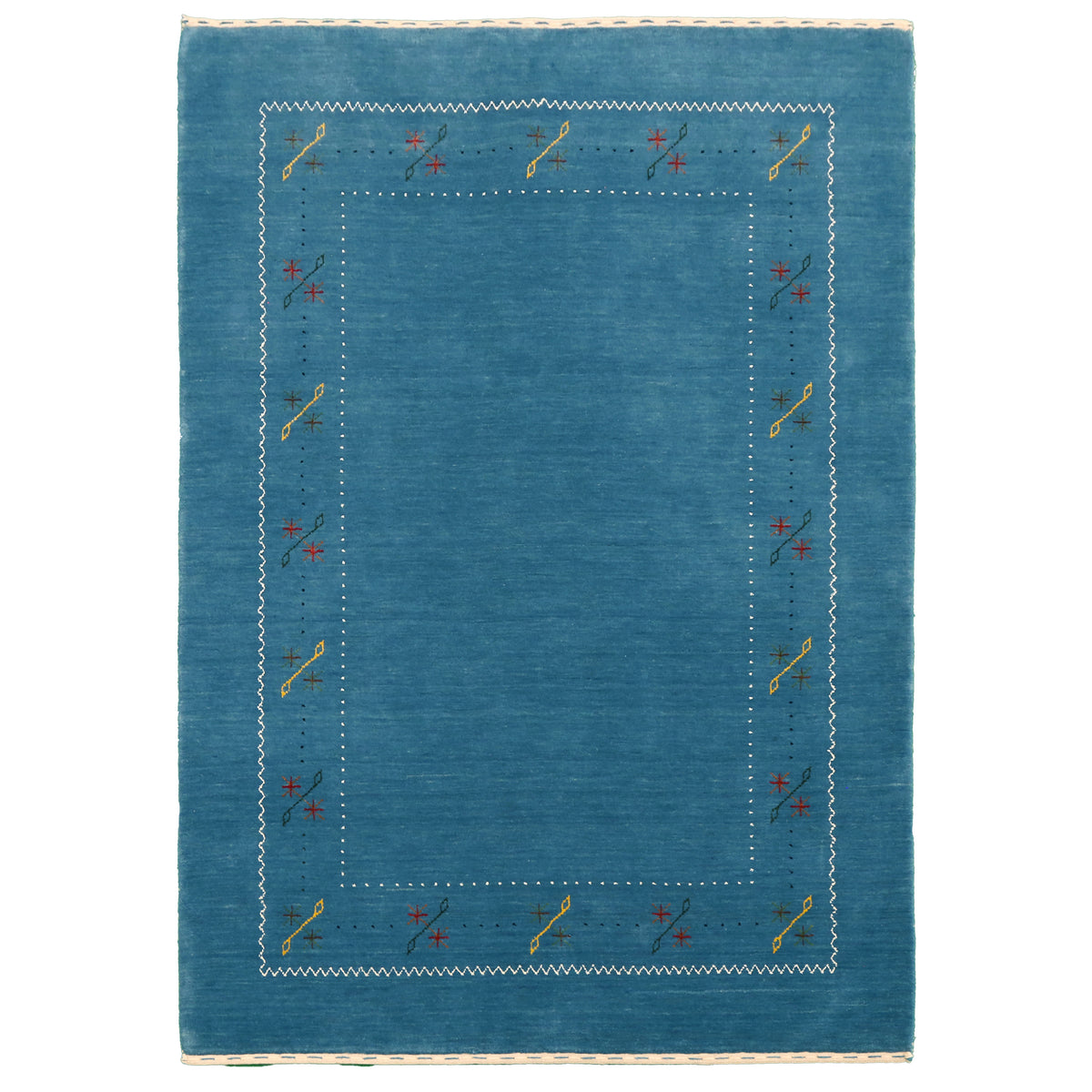 Full view of teal blue Hand Woven Loom Lori wool rug with multicolour floral motifs and delicate geometric border