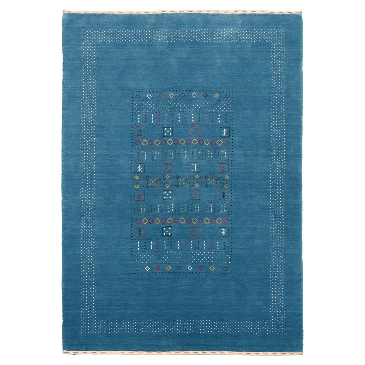 Full view of teal blue Hand Woven Loom Lori wool rug with multicolour tribal geometric motifs and decorative border