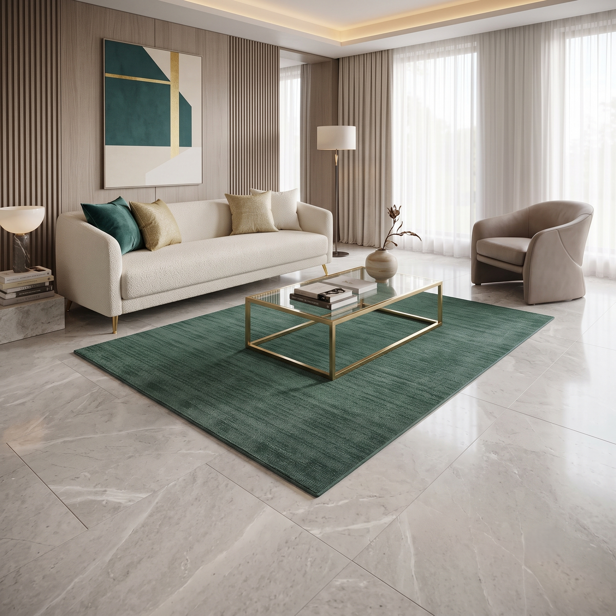 Teal Green Hand Woven Loom Lori wool rug styled in a modern living room with a cream sofa, glass coffee table and contemporary décor.