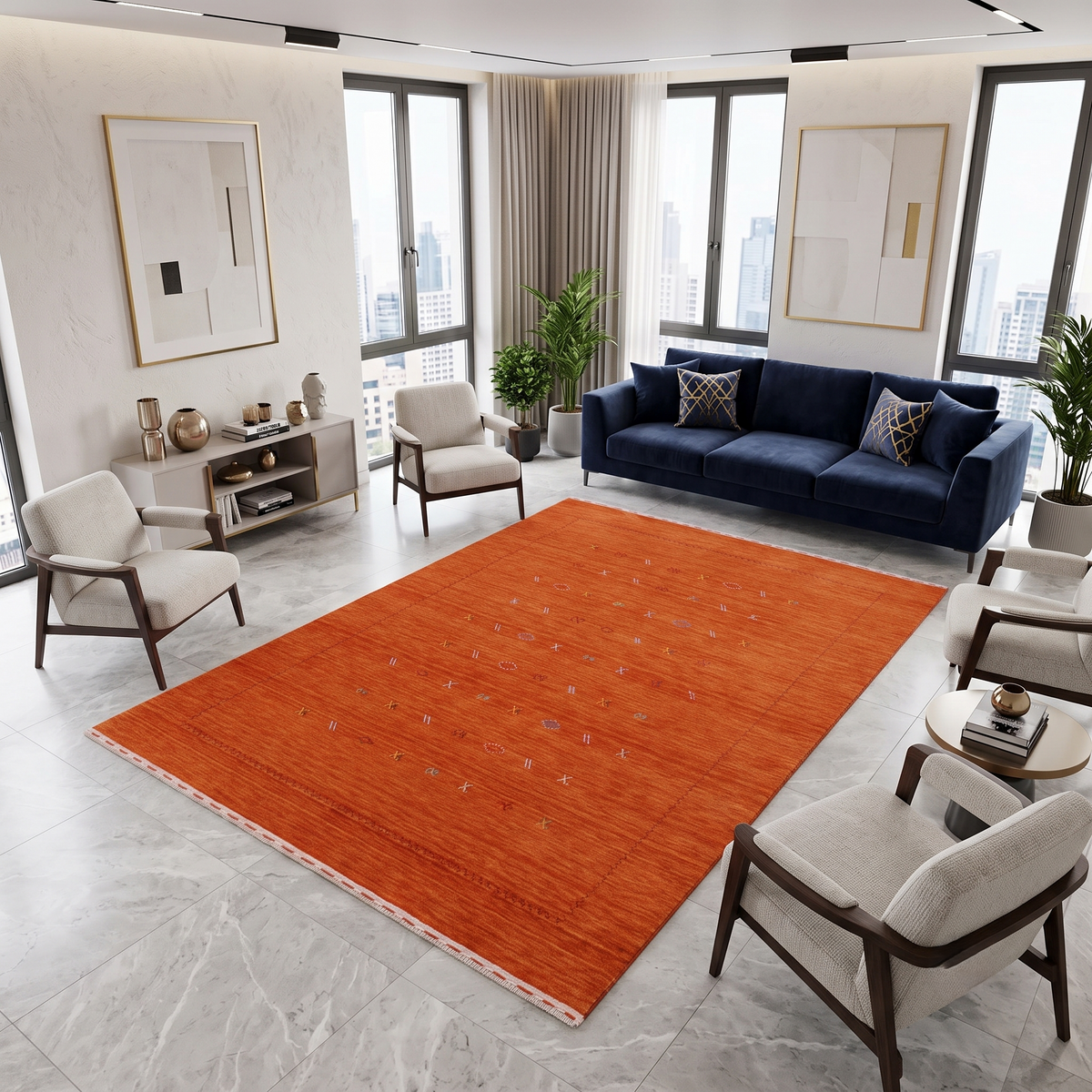 Terracotta orange Hand Woven Loom Lori wool rug with scattered tribal motifs styled in a warm contemporary living room