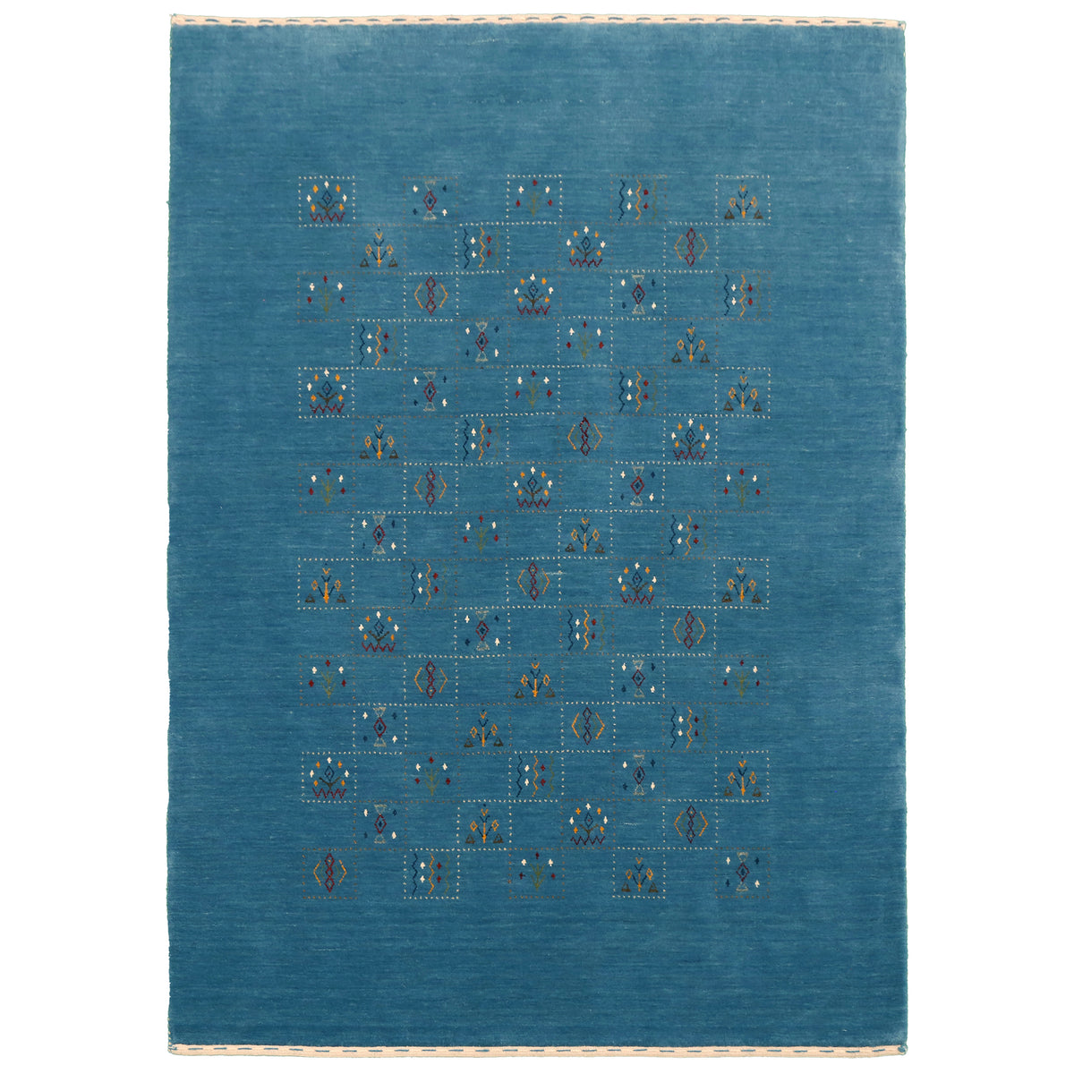 Full view of teal blue Hand Woven Loom Lori wool rug with central dotted geometric panels and multicolour tribal folk motifs
