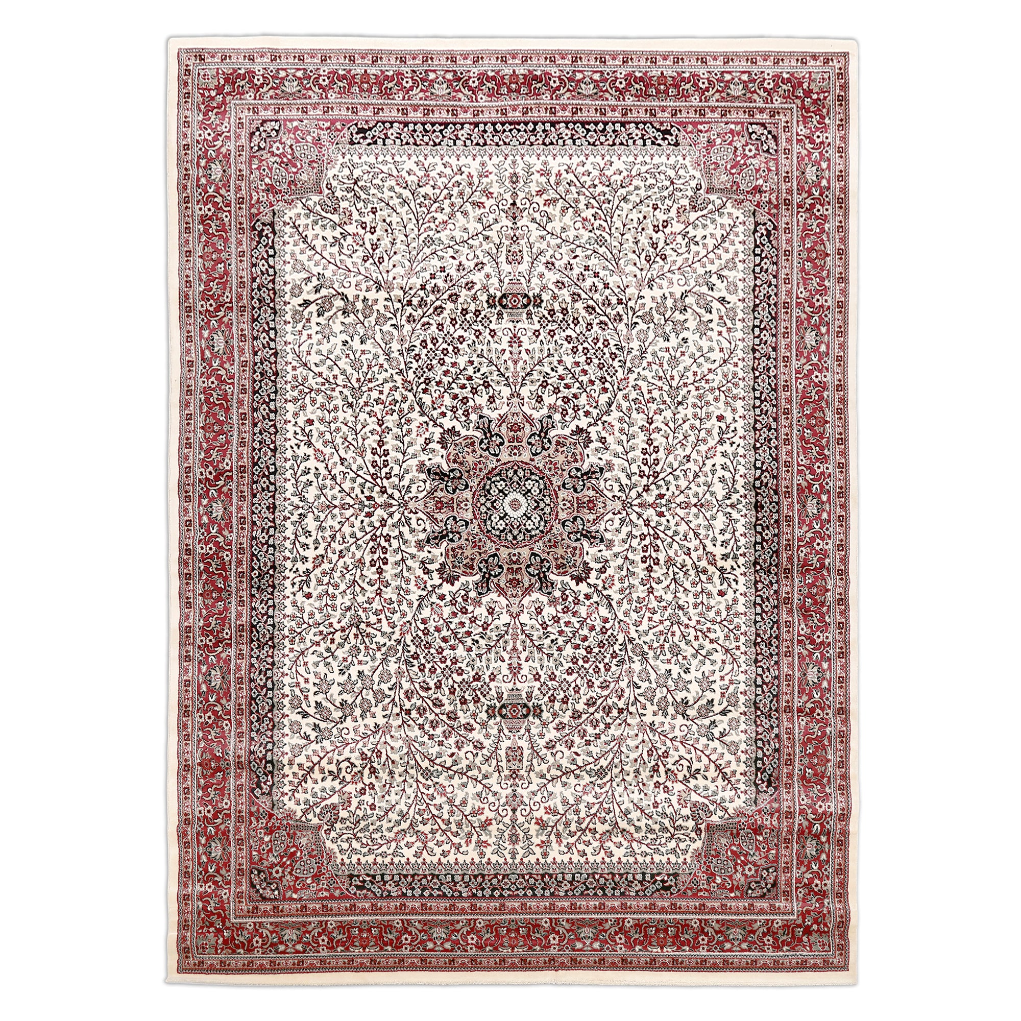 Full view of Ivory Machine Woven Classic Art Silk Rug with ornate floral medallion and rich red border