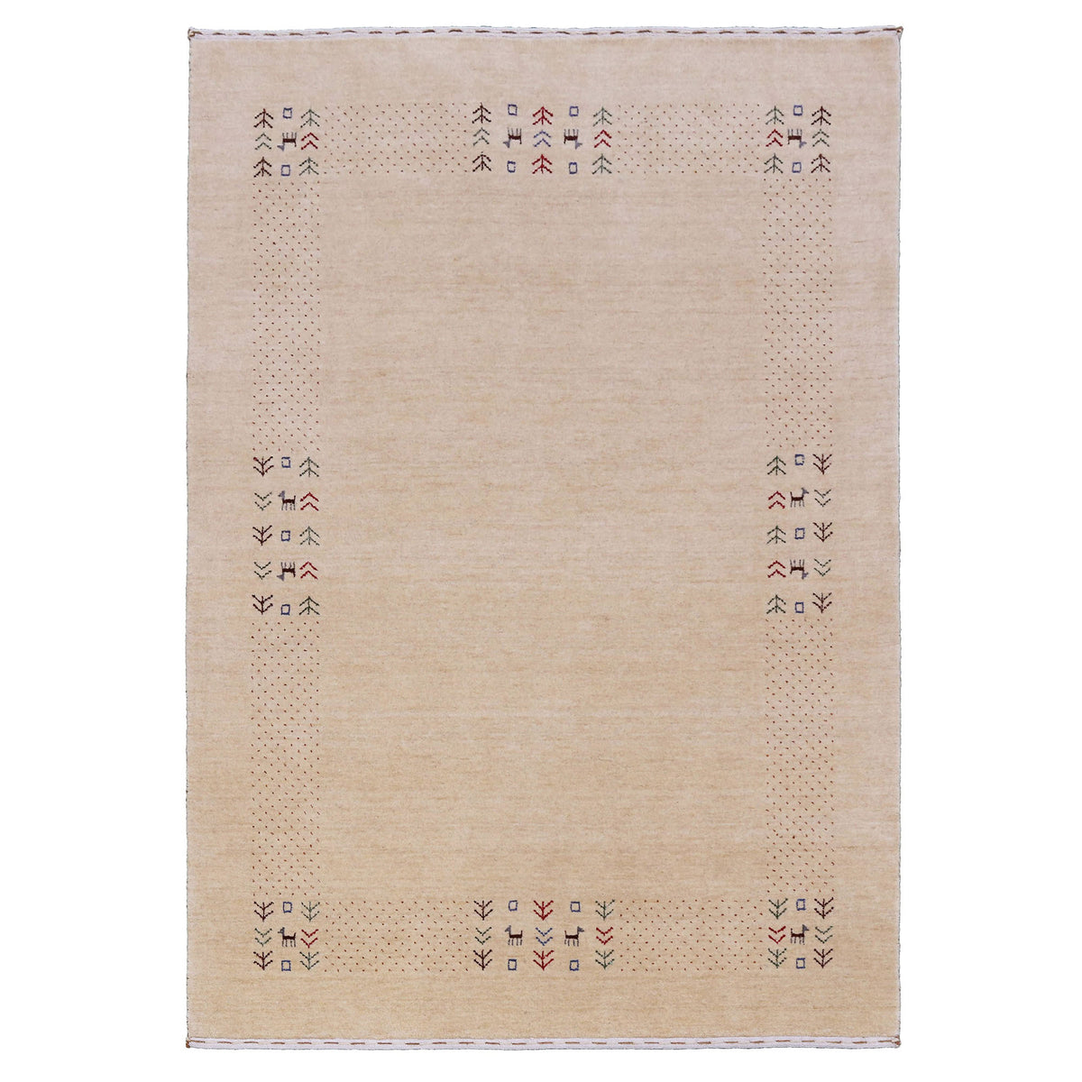 Full view of natural beige Hand Woven Loom Lori wool rug with spacious centre and decorative dotted tribal motifs