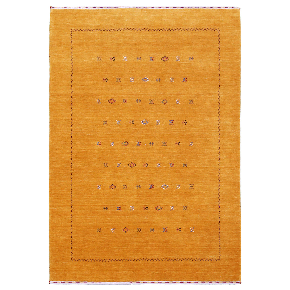 Full view of golden mustard Hand Woven Loom Lori wool rug with horizontal tribal motif rows and dark zigzag border
