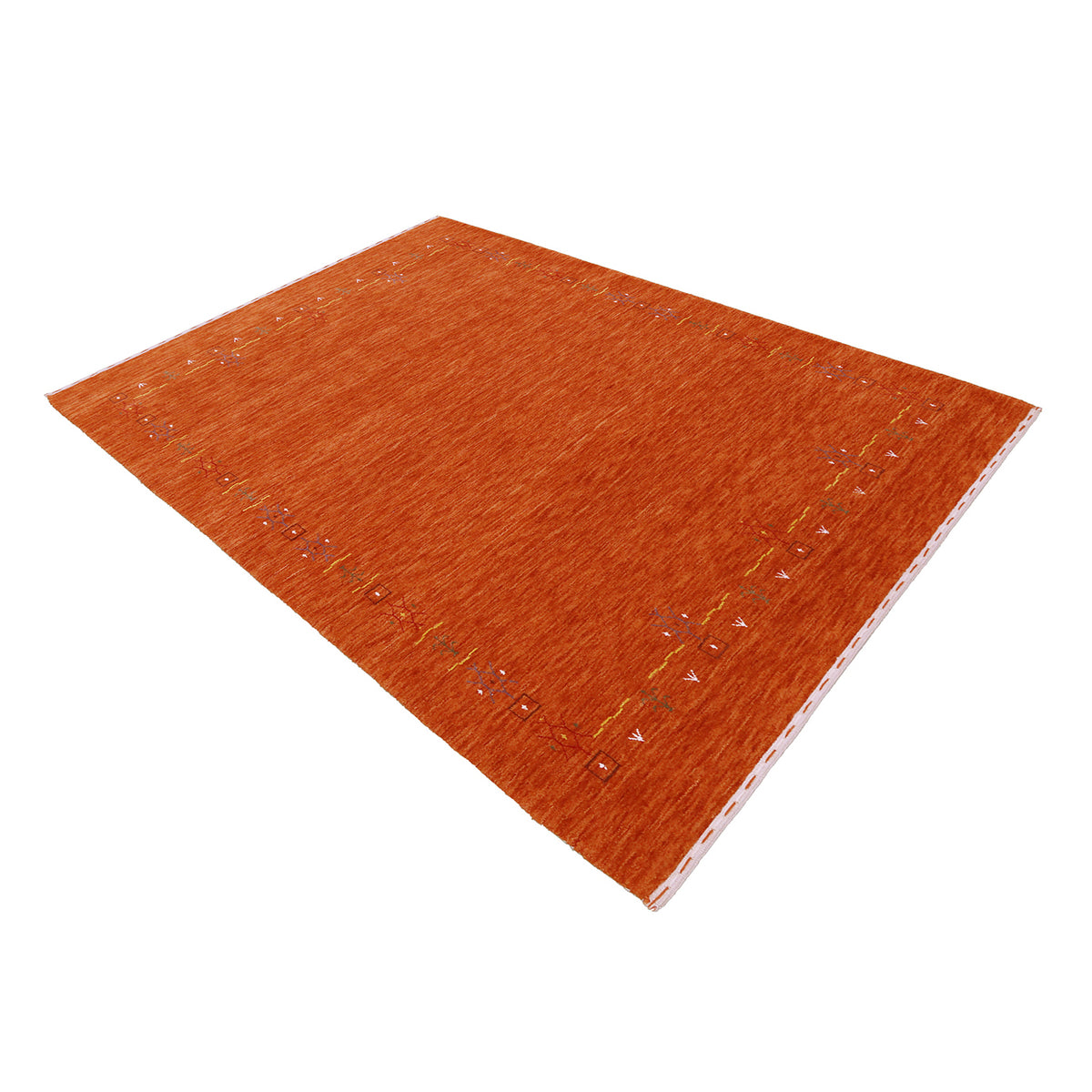 Side perspective of burnt orange Hand Woven Loom Lori wool rug highlighting natural wool texture and refined tribal border design