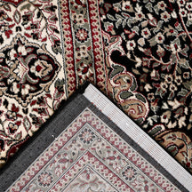 Corner and edge detail of Black Ivory Floral Medallion Machine Woven Classic Art Silk Rug with ornamental border
