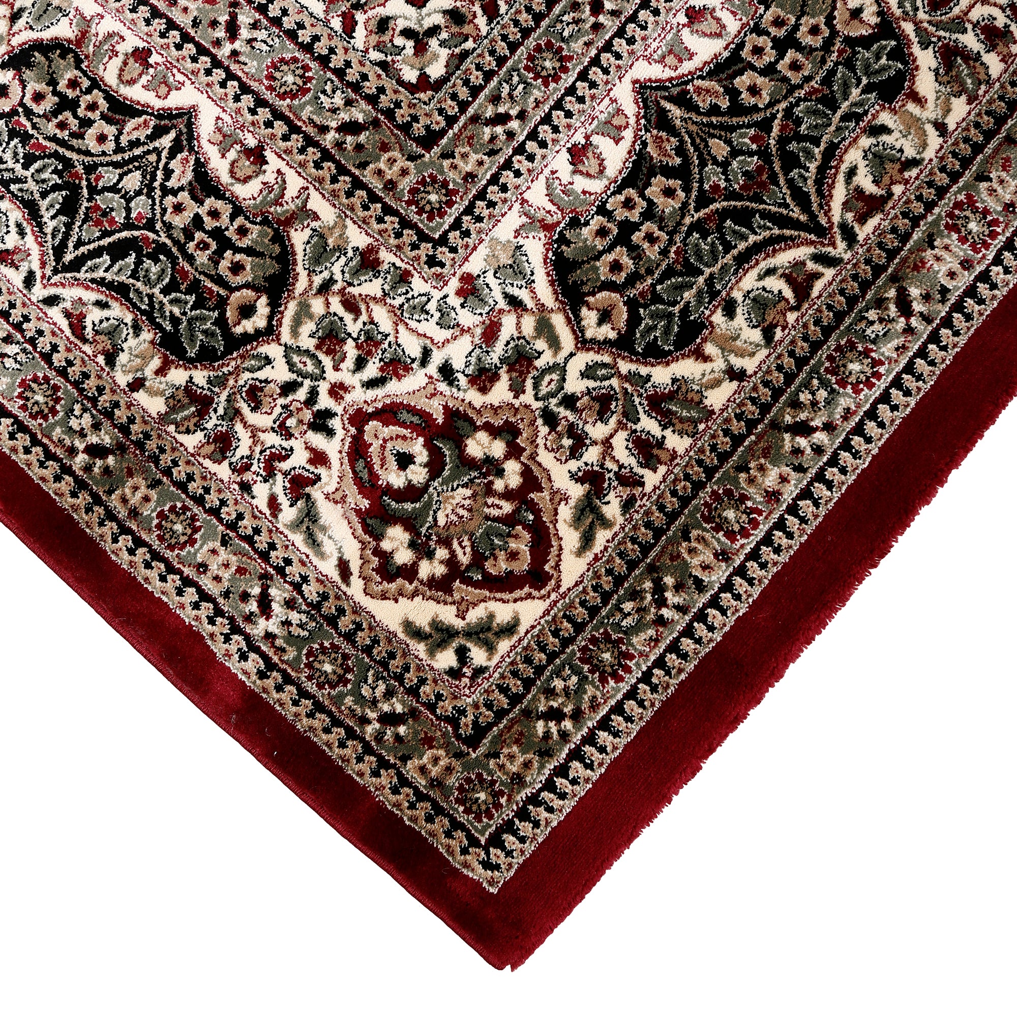 Corner and edge detail of Red Floral Medallion Machine Woven Classic Art Silk Rug with ivory ornamental border