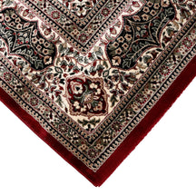 Corner and edge detail of Red Floral Medallion Machine Woven Classic Art Silk Rug with ivory ornamental border