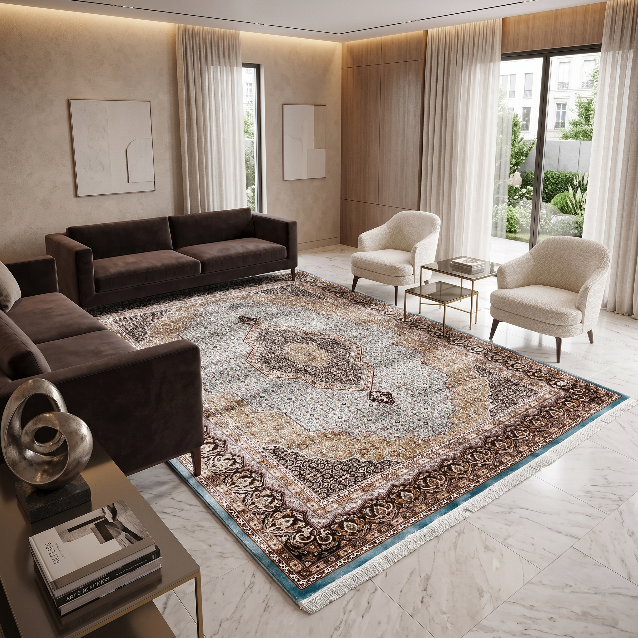 Sky Blue Geometric Medallion Machine Woven Classic Art Silk Rug styled in an elegant interior by Khushi Living