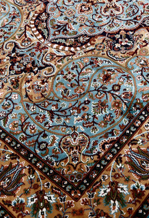 Close-up texture of Sky Blue Machine Woven Classic Art Silk Rug showing intricate floral motifs and smooth Art Silk surface