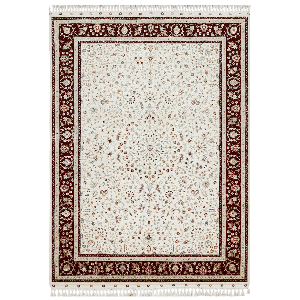 Cream Traditional Floral Medallion Hand Knotted Wool & Viscose Rug