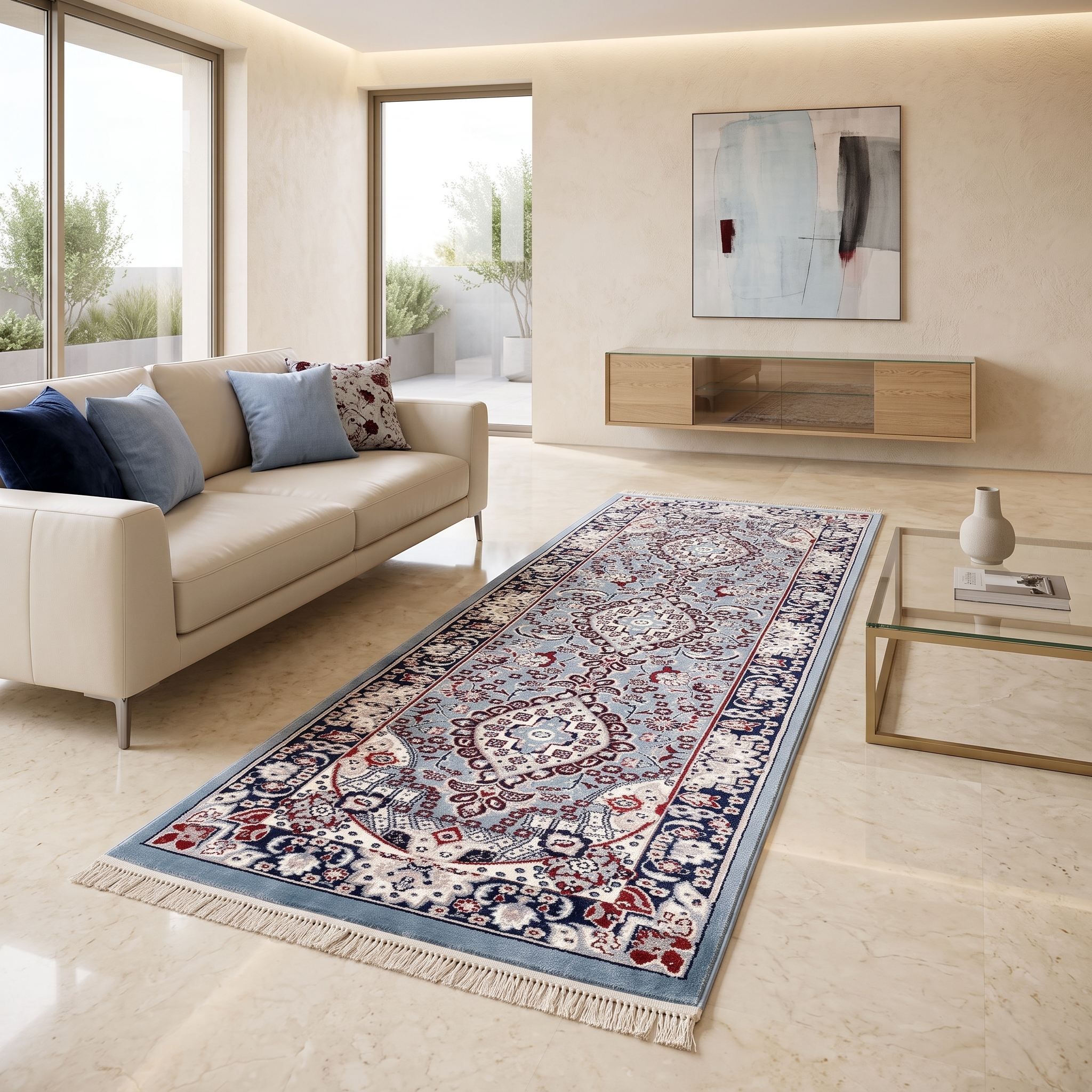 Sky Blue Triple Medallion Machine Woven Classic Art Silk Runner Rug