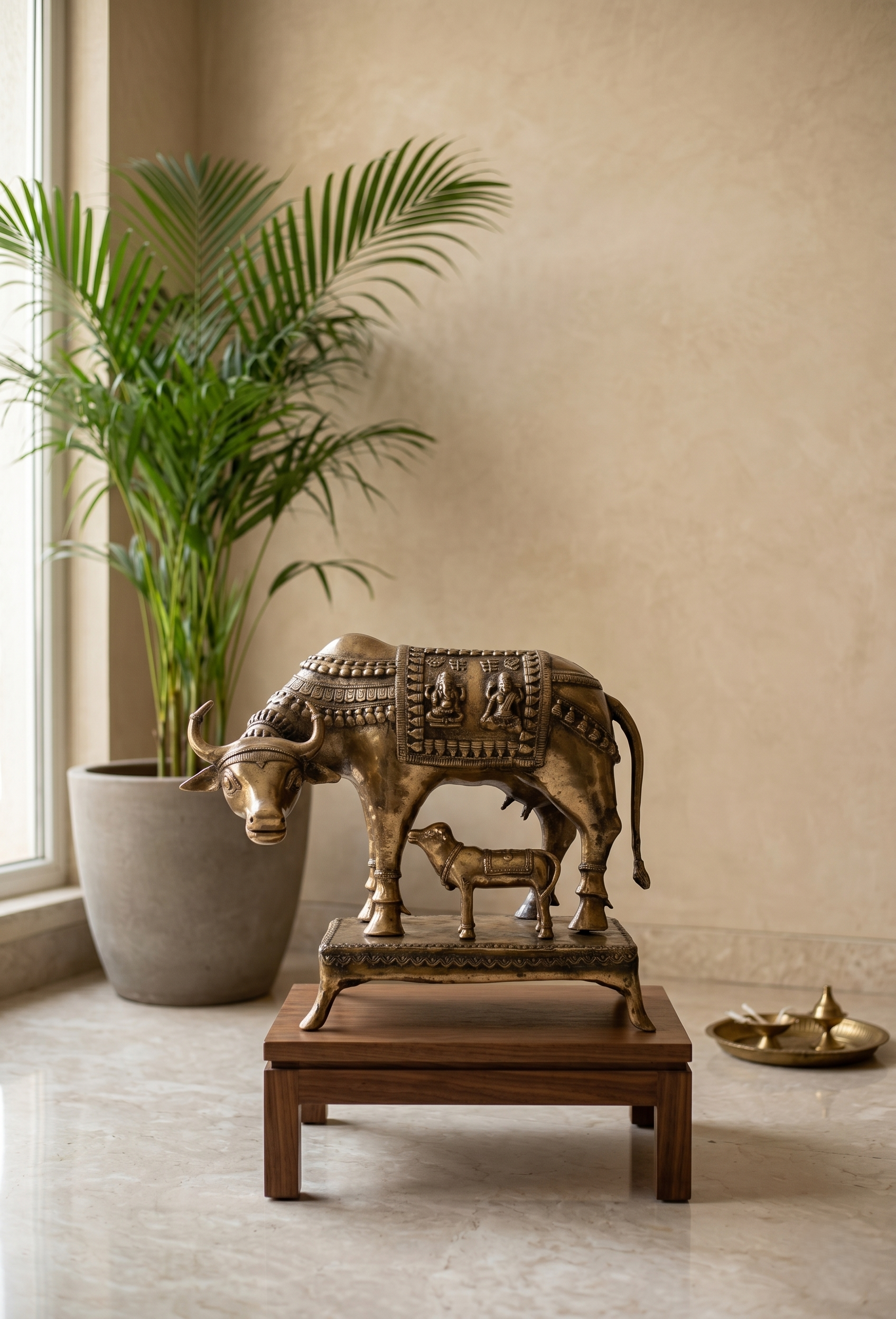 Khushi-Living-Artefacts-Brass-Kamdhenu Cow with Calf Brass
