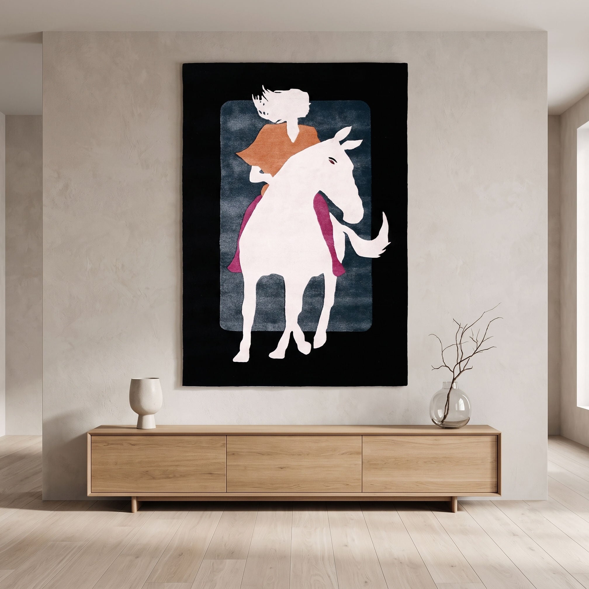 White Horse Rider Hand Tufted Wool Viscose Wall Rug