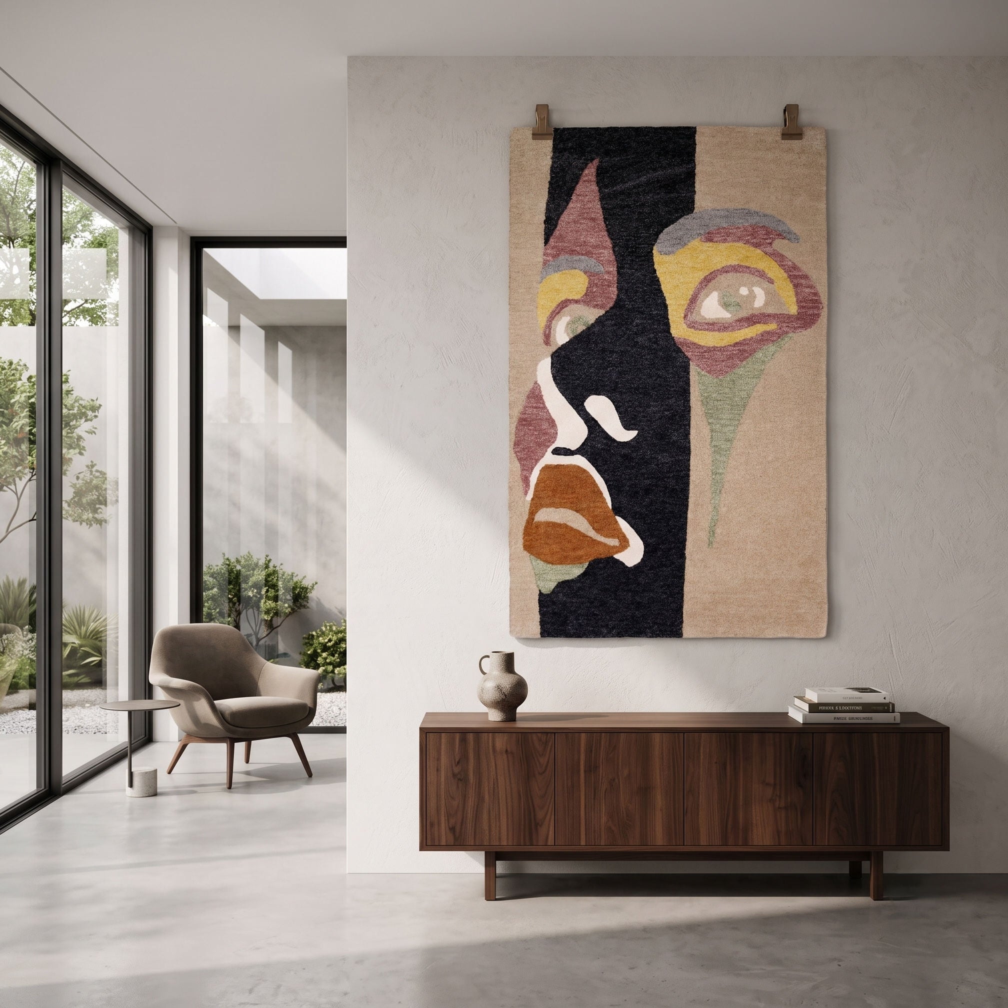 Beige Abstract Face Hand Tufted Wool Wall Rug