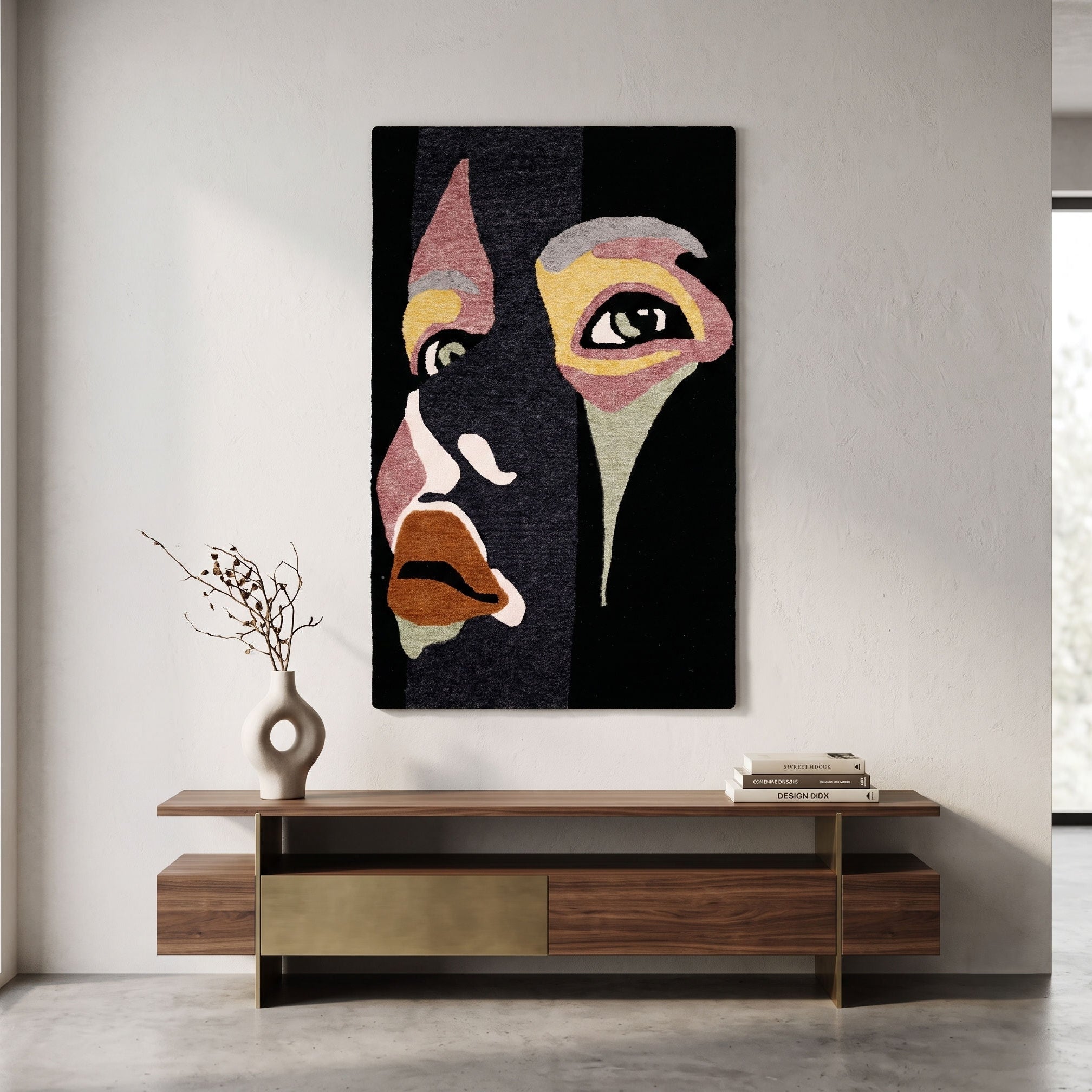 Copper Accent Abstract Face Hand Tufted Wool Wall Rug