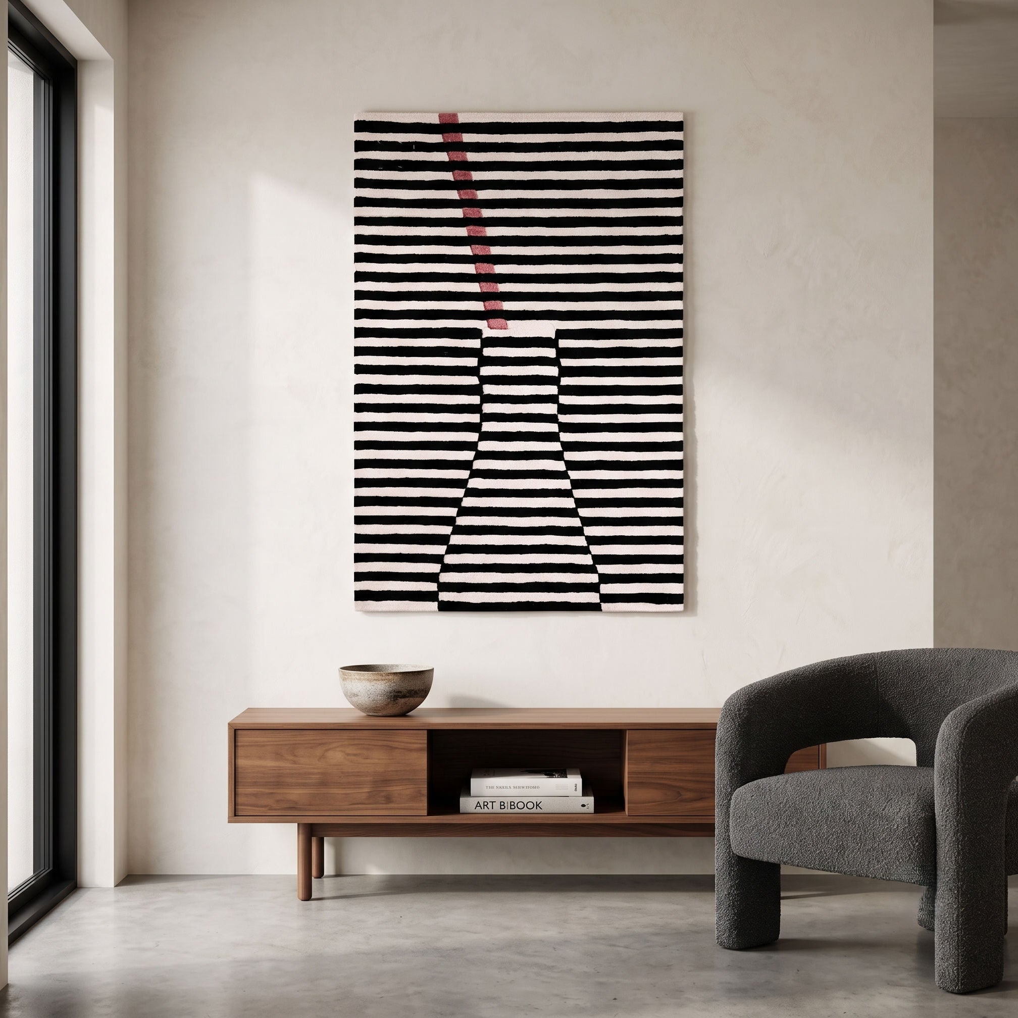 Rose Accent Striped Vase Hand Tufted Wool Wall Rug