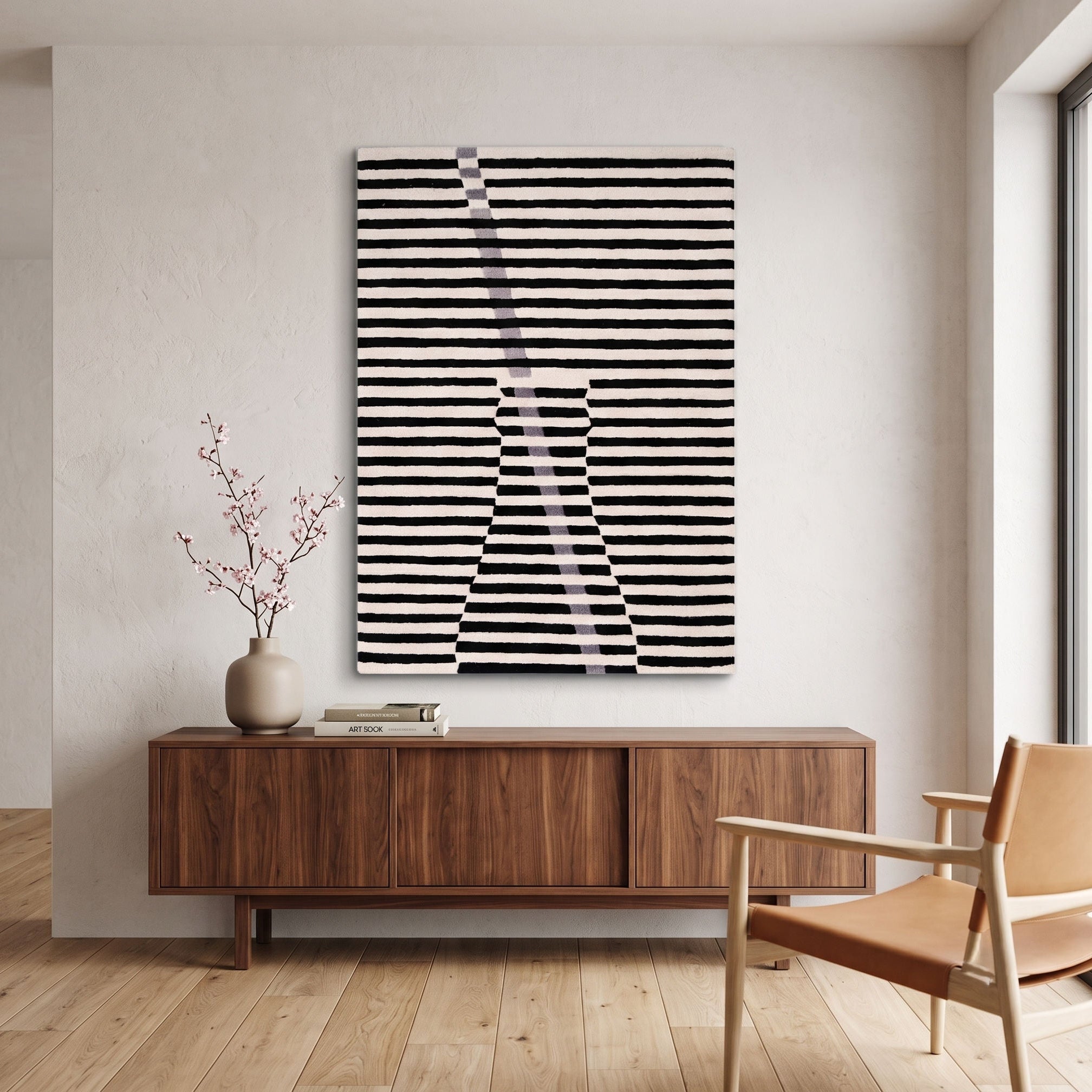 Black and White Striped Vase Hand Tufted Wool Wall Rug