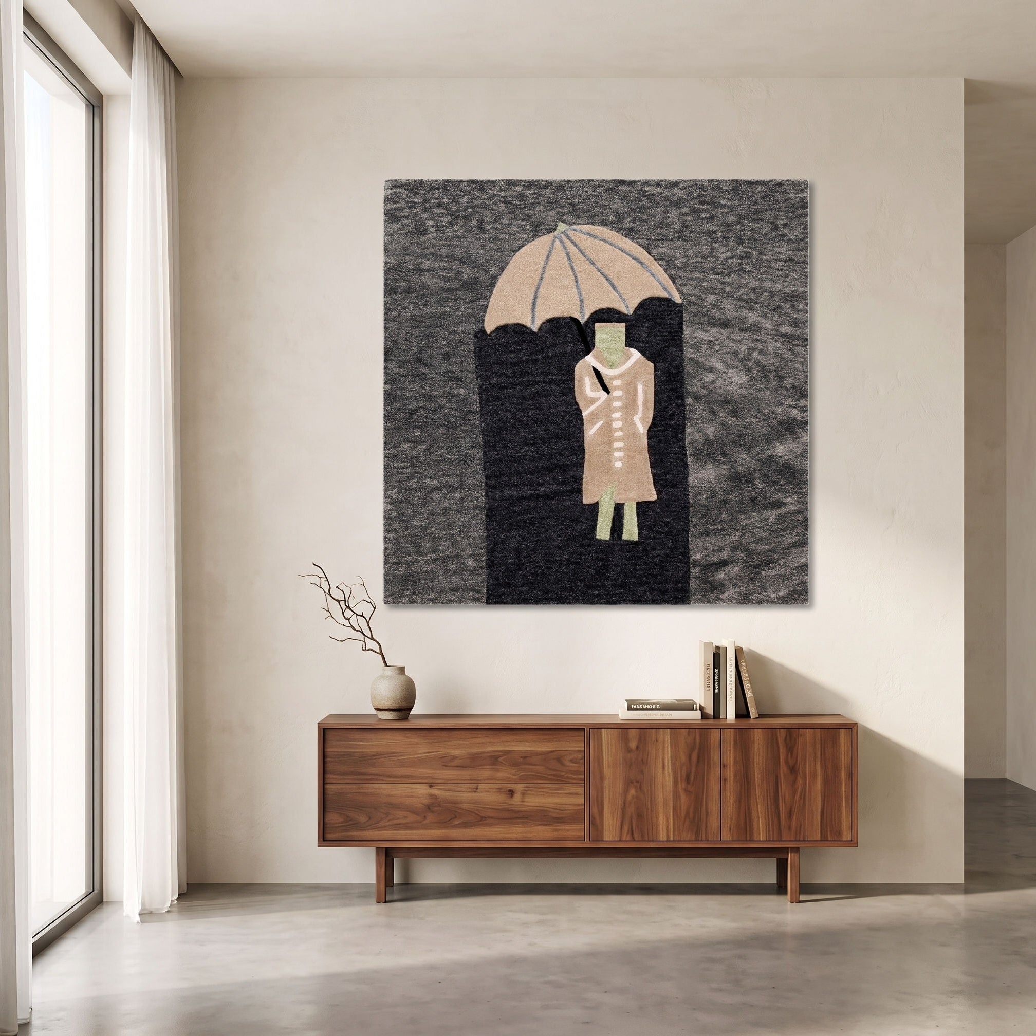 Figure Under Umbrella Hand Tufted Wool Wall Rug