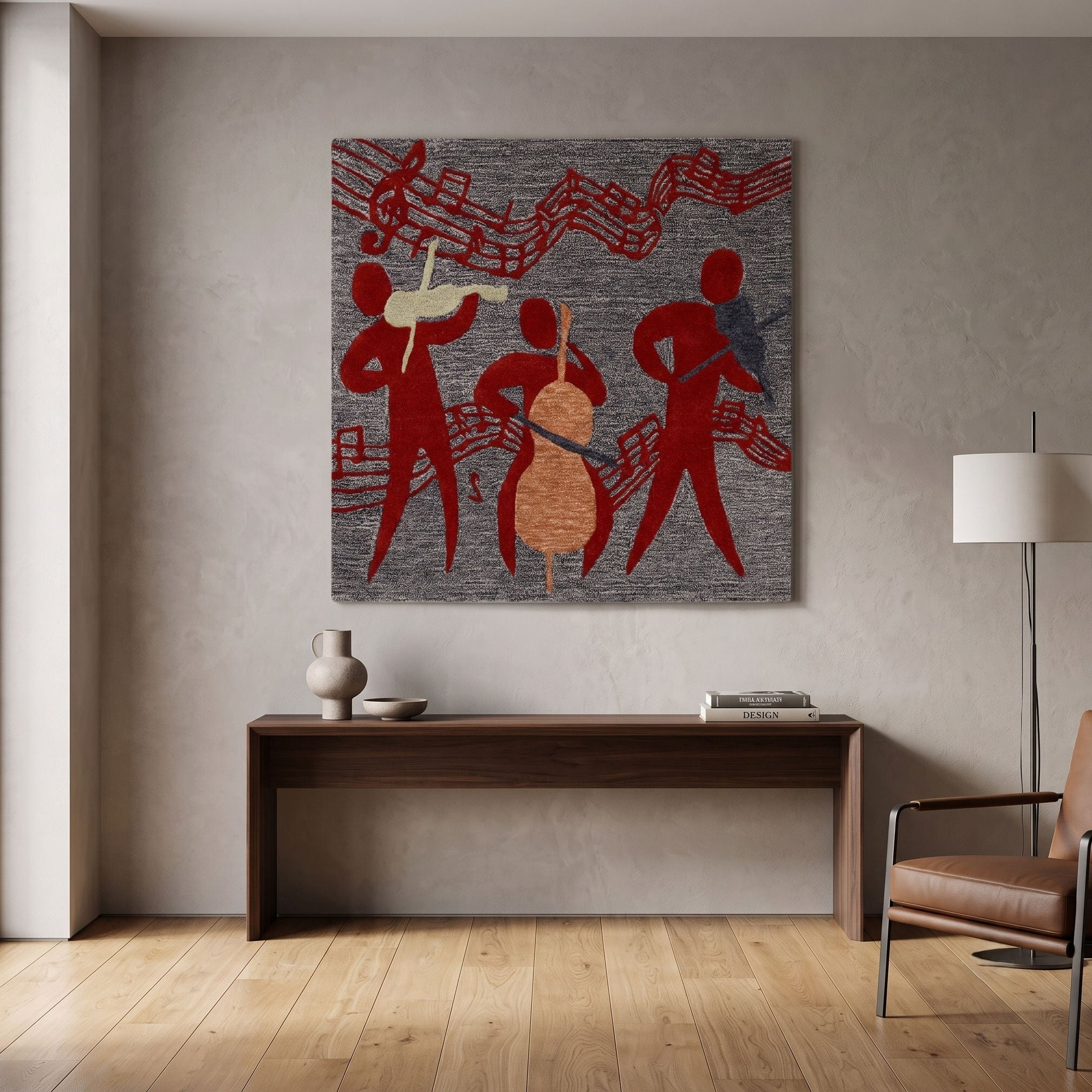 Red Musician Trio Hand Tufted Wool Wall Rug