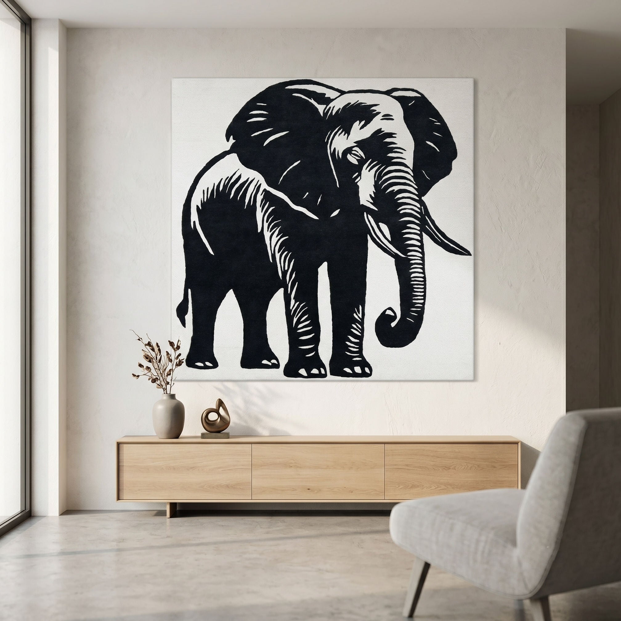 Black and White Elephant Hand Tufted Wool Wall Rug