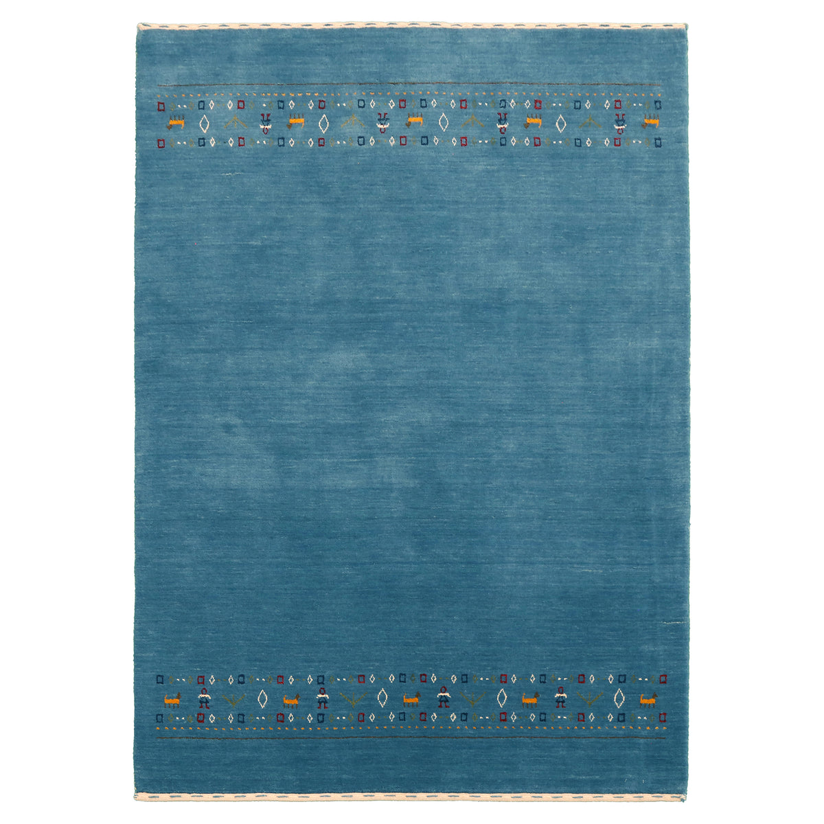 Full view of teal blue Hand Woven Loom Lori wool rug with spacious plain centre and decorative tribal motif bands
