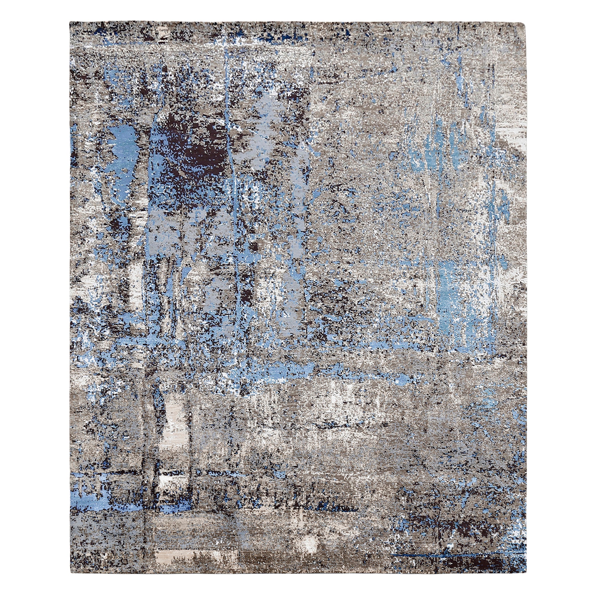 Azure Terrain hand knotted modern rug in beige taupe grey ivory and sky blue abstract distressed design