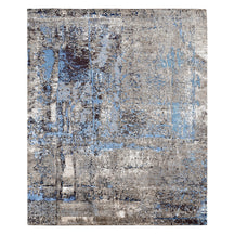 Azure Terrain hand knotted modern rug in beige taupe grey ivory and sky blue abstract distressed design
