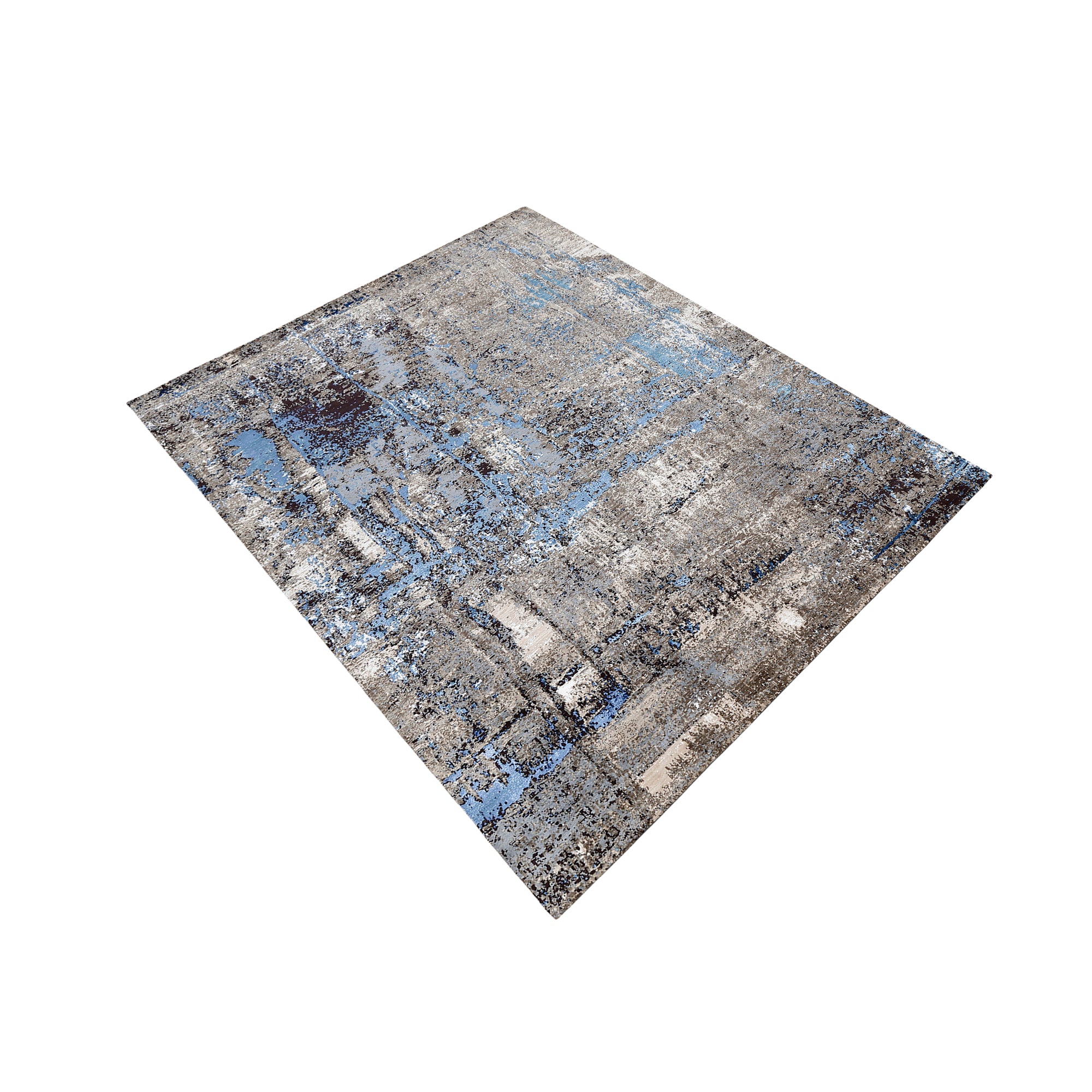 Azure Terrain hand knotted modern rug in beige taupe grey ivory and sky blue abstract distressed design