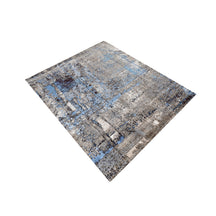Azure Terrain hand knotted modern rug in beige taupe grey ivory and sky blue abstract distressed design