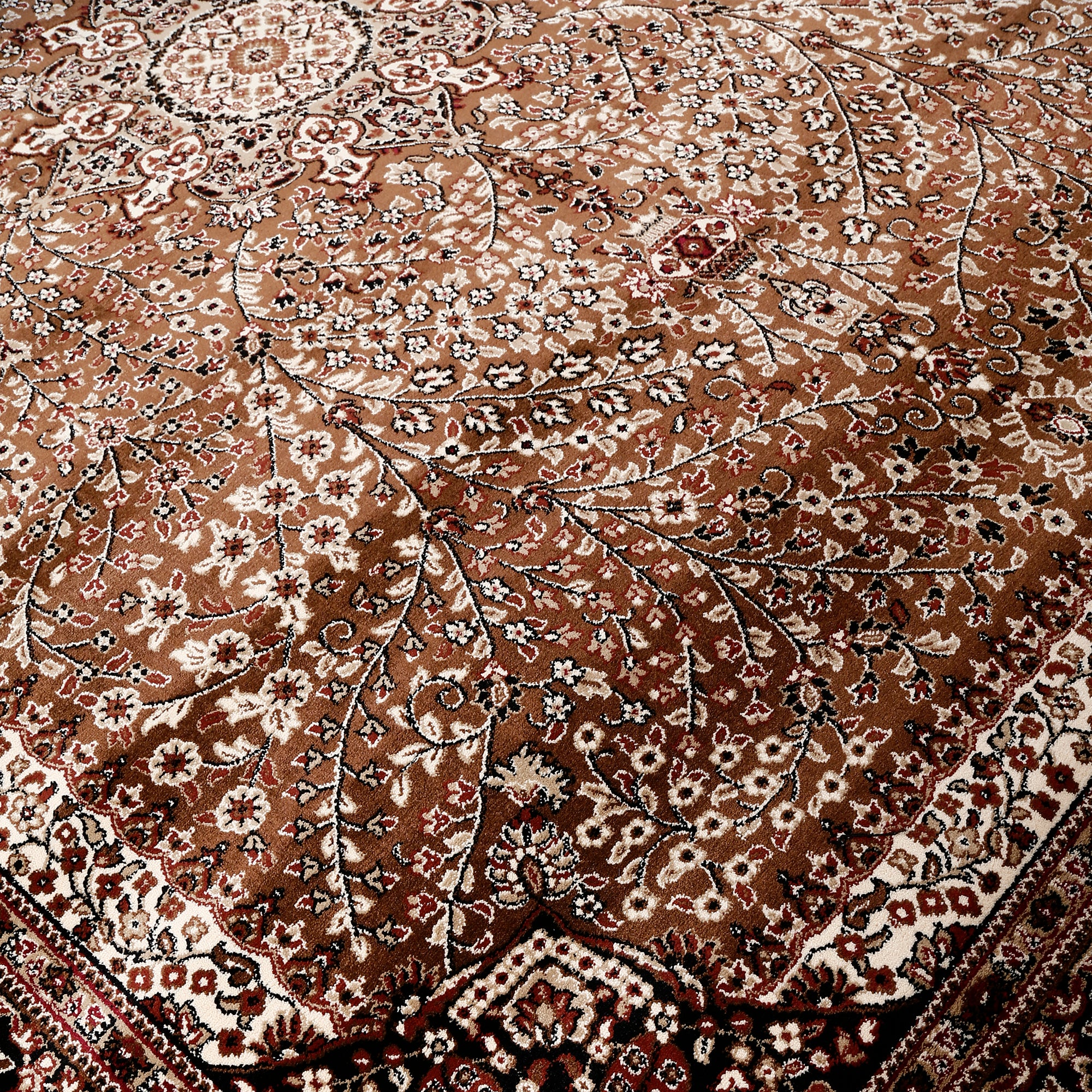 Close-up texture of Beige Brown Machine Woven Classic Art Silk Rug showing intricate floral motifs and smooth Art Silk surface