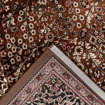 Corner and edge detail of Beige Brown Floral Medallion Machine Woven Classic Art Silk Rug with layered ornamental border