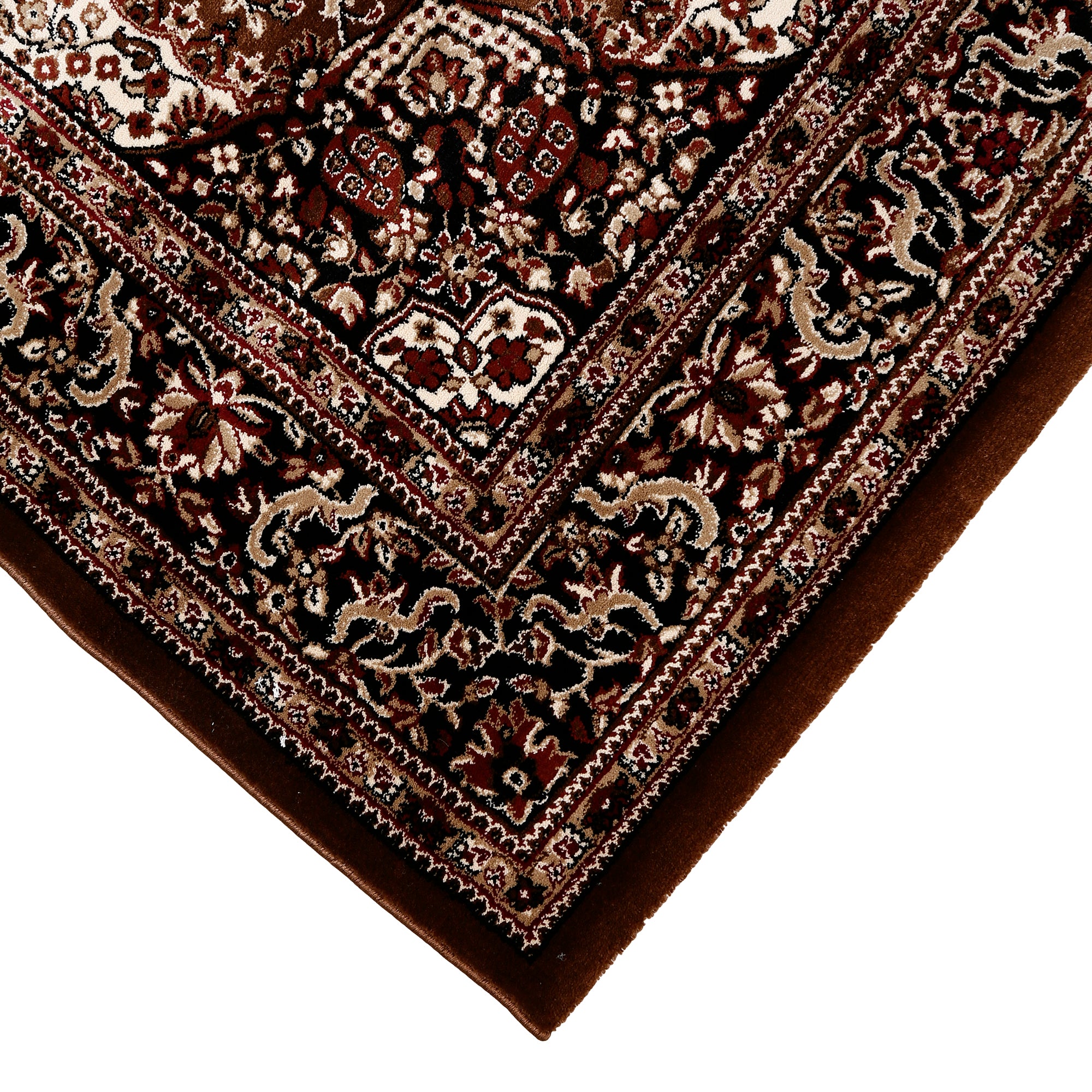 Corner and edge detail of Beige Brown Floral Medallion Machine Woven Classic Art Silk Rug with layered ornamental border