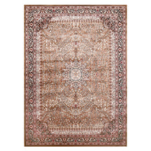 Full view of Beige Brown Machine Woven Classic Art Silk Rug with floral medallion design and ornamental border