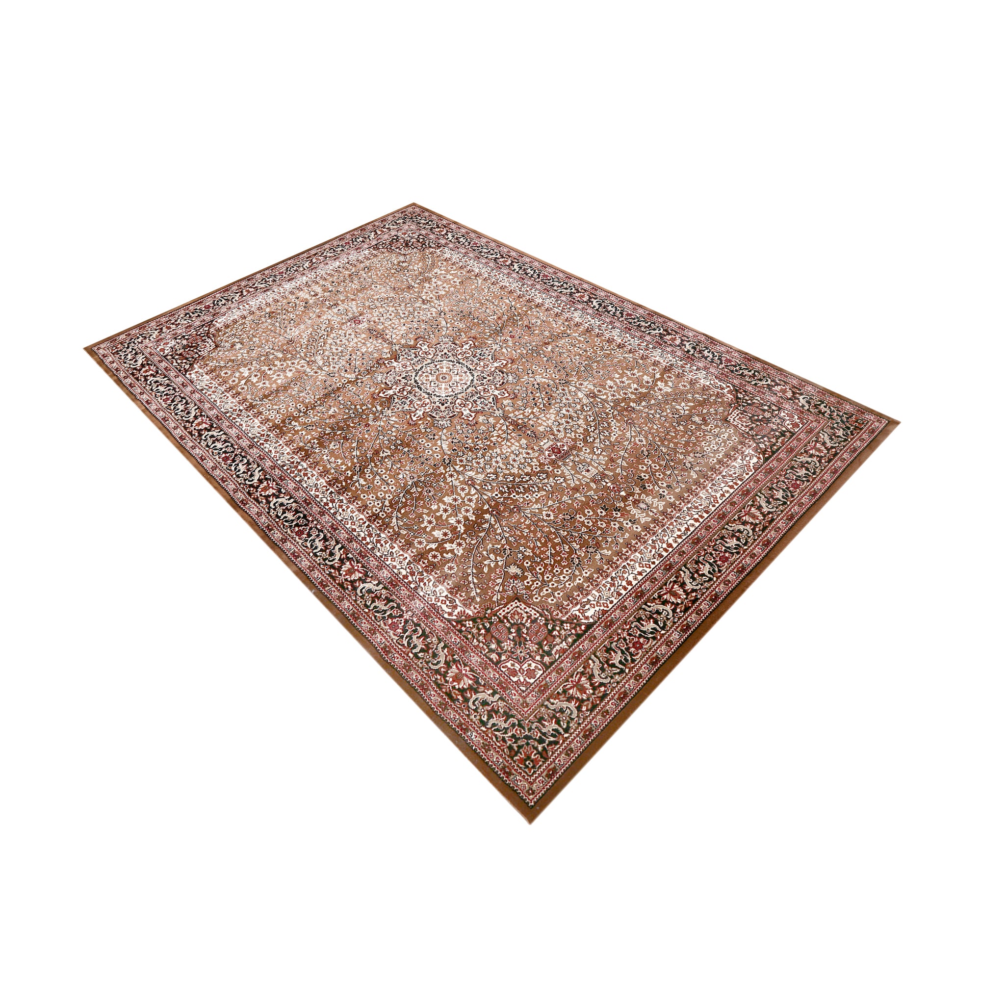 Side angle view of Beige Brown Floral Medallion Machine Woven Classic Art Silk Rug by Khushi Living
