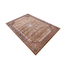 Side angle view of Beige Brown Floral Medallion Machine Woven Classic Art Silk Rug by Khushi Living
