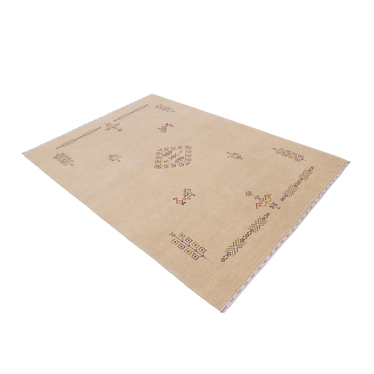 Side perspective of beige Hand Woven Loom Lori wool rug highlighting handcrafted texture and central medallion design