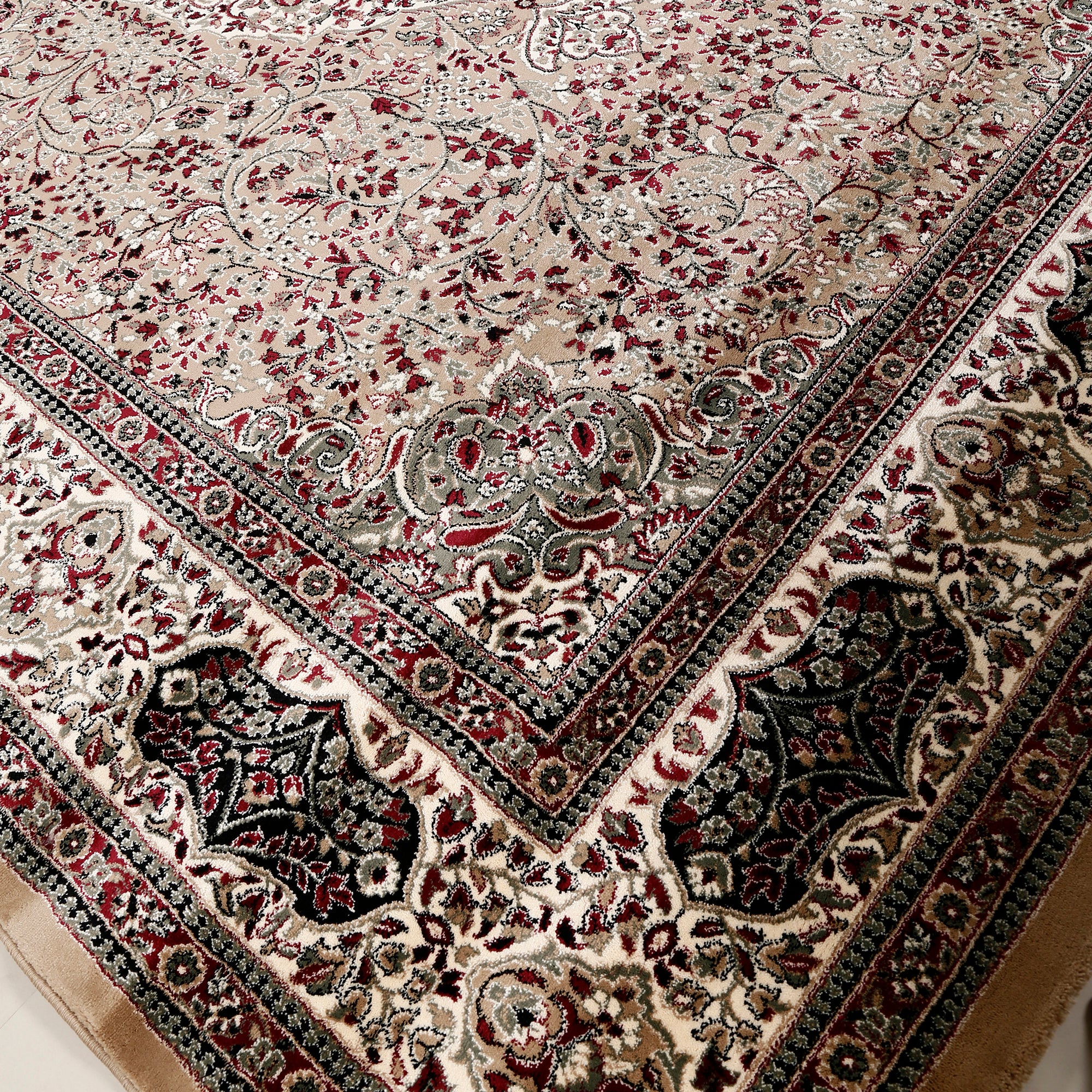 Close-up texture of Beige Machine Woven Classic Art Silk Rug showing intricate floral motifs and smooth Art Silk surface