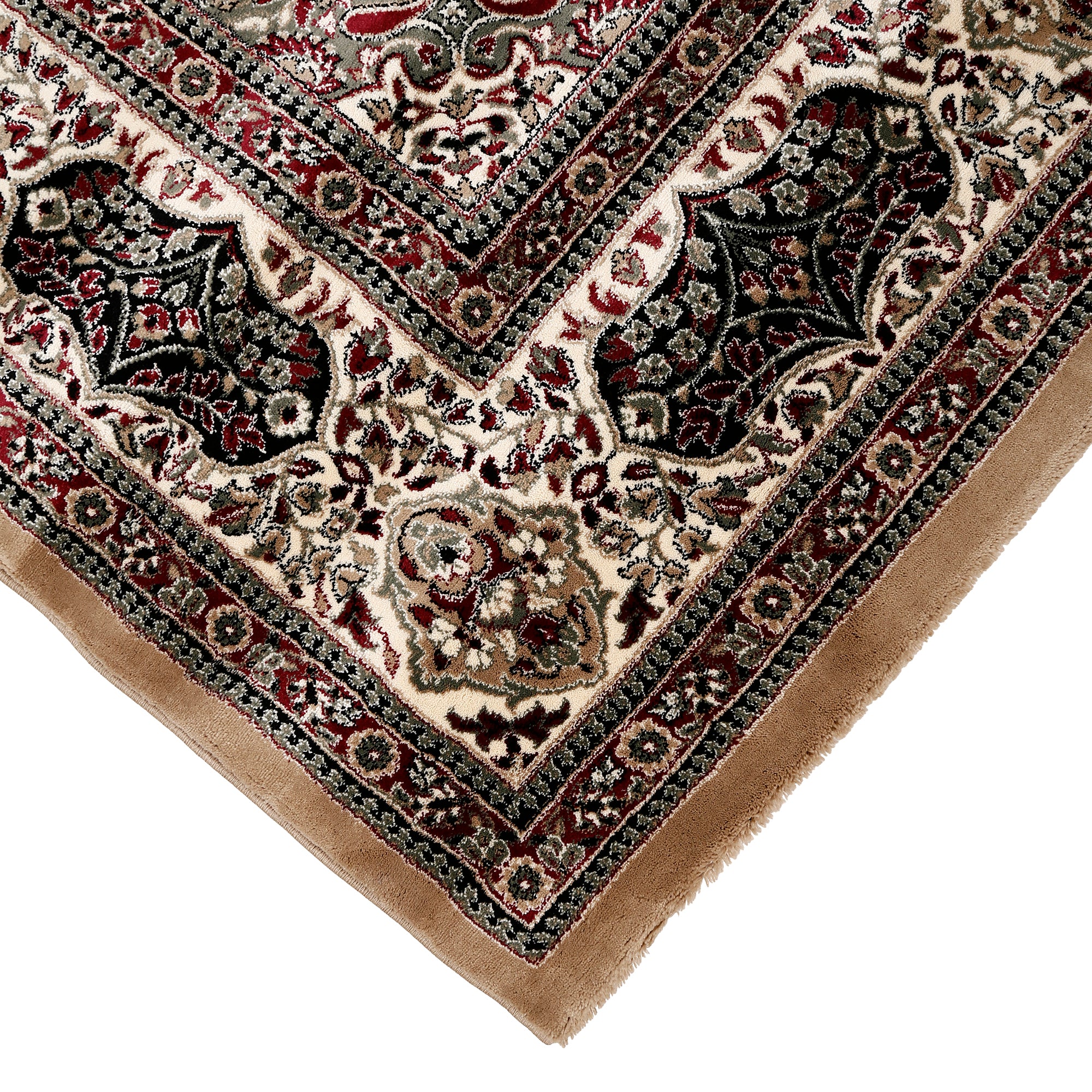 Corner and edge detail of Beige Floral Medallion Machine Woven Classic Art Silk Rug with ivory ornamental border