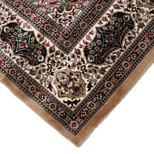 Corner and edge detail of Beige Floral Medallion Machine Woven Classic Art Silk Rug with ivory ornamental border