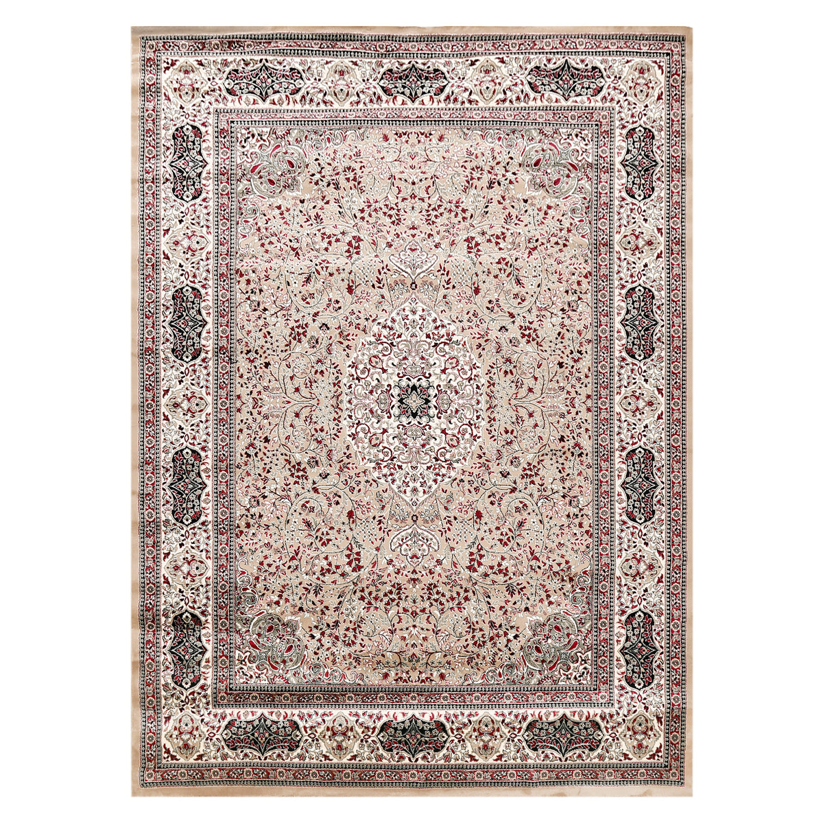 Full view of Beige Machine Woven Classic Art Silk Rug with ivory floral medallion and ornamental border