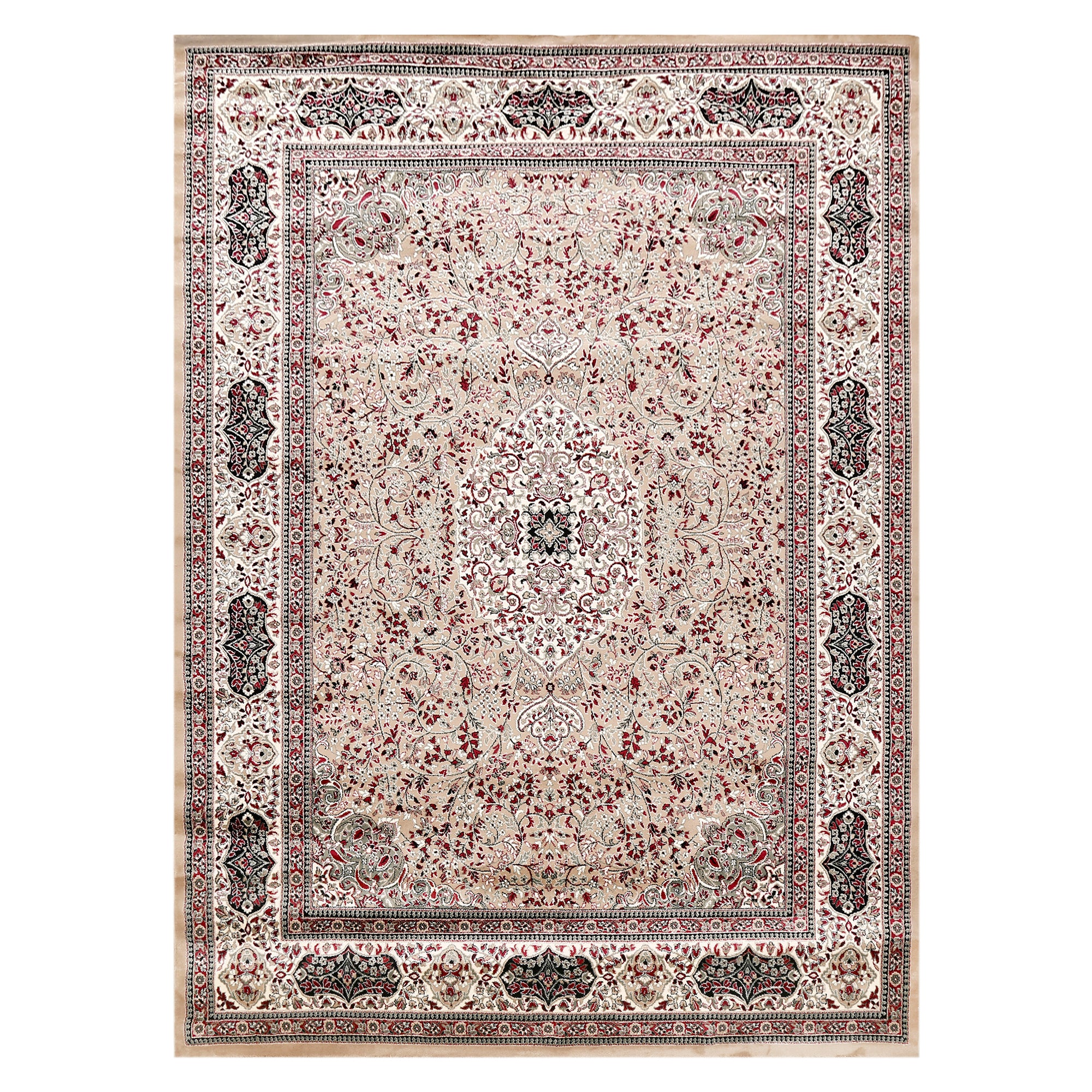 Full view of Beige Machine Woven Classic Art Silk Rug with ivory floral medallion and ornamental border