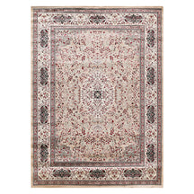 Full view of Beige Machine Woven Classic Art Silk Rug with ivory floral medallion and ornamental border