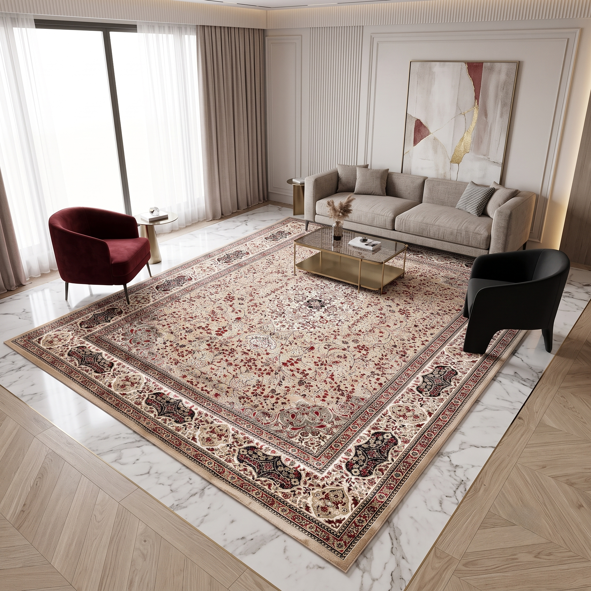 Beige Floral Medallion Machine Woven Classic Art Silk Rug styled in an elegant interior by Khushi Living