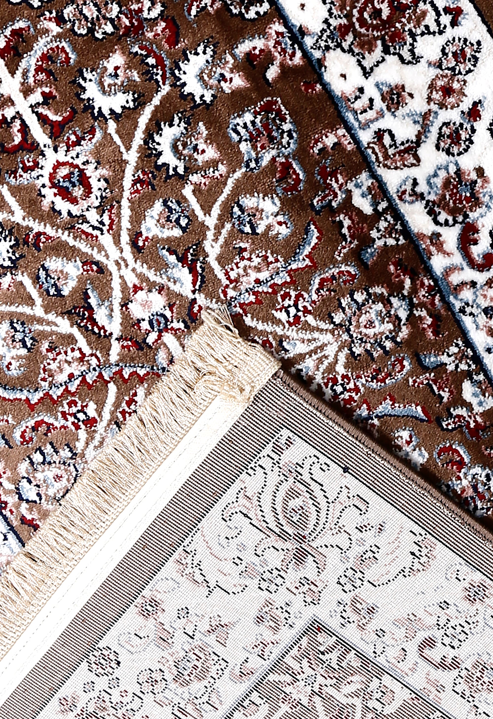 Corner and fringed edge detail of Beige Floral Vine Machine Woven Classic Art Silk Runner Rug
