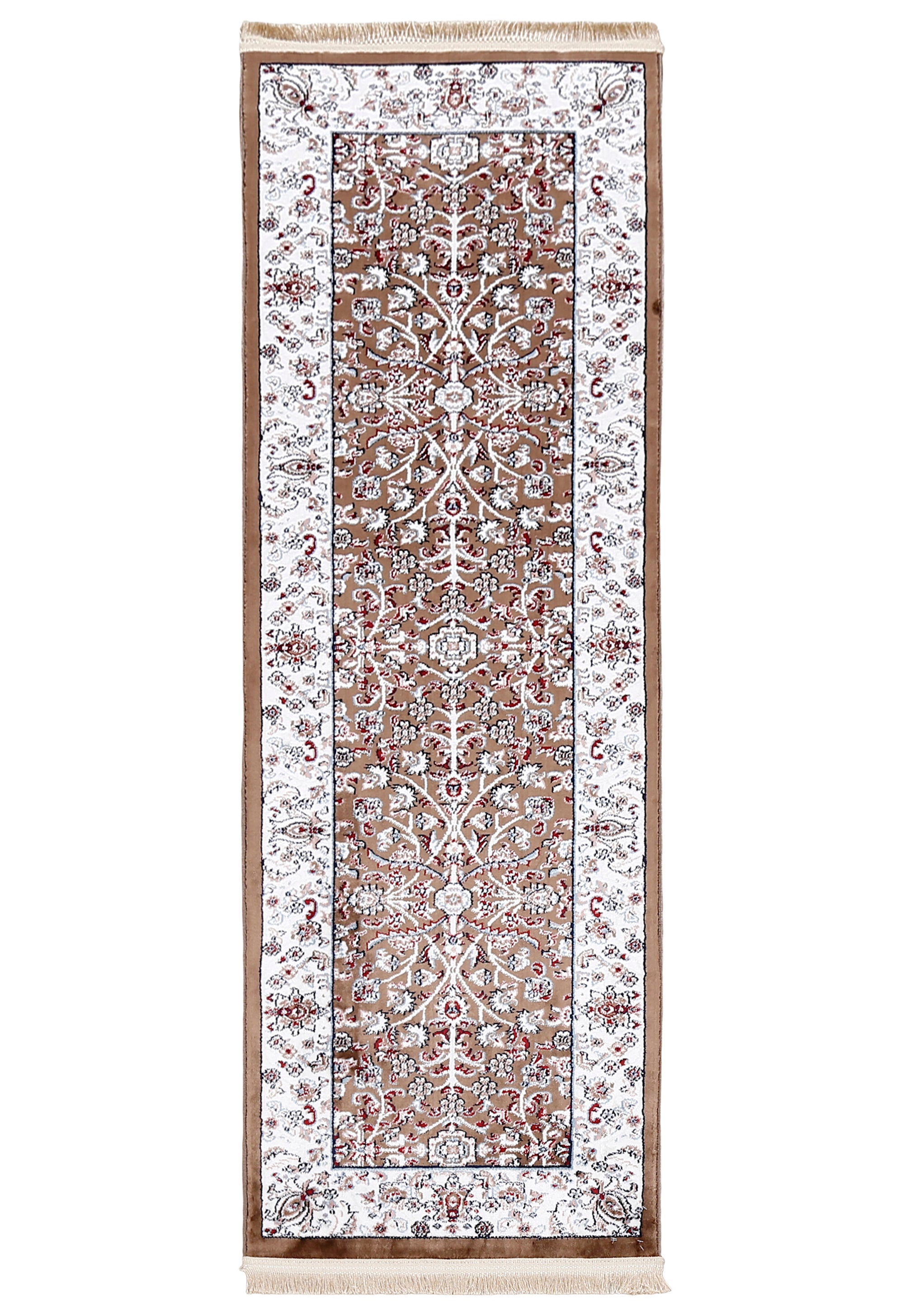 Full view of Beige Machine Woven Classic Art Silk Runner Rug with symmetrical floral vines and ivory ornamental border
