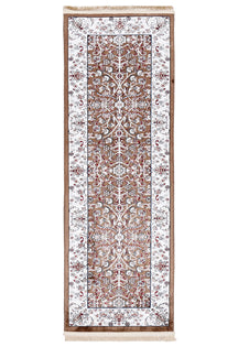 Full view of Beige Machine Woven Classic Art Silk Runner Rug with symmetrical floral vines and ivory ornamental border