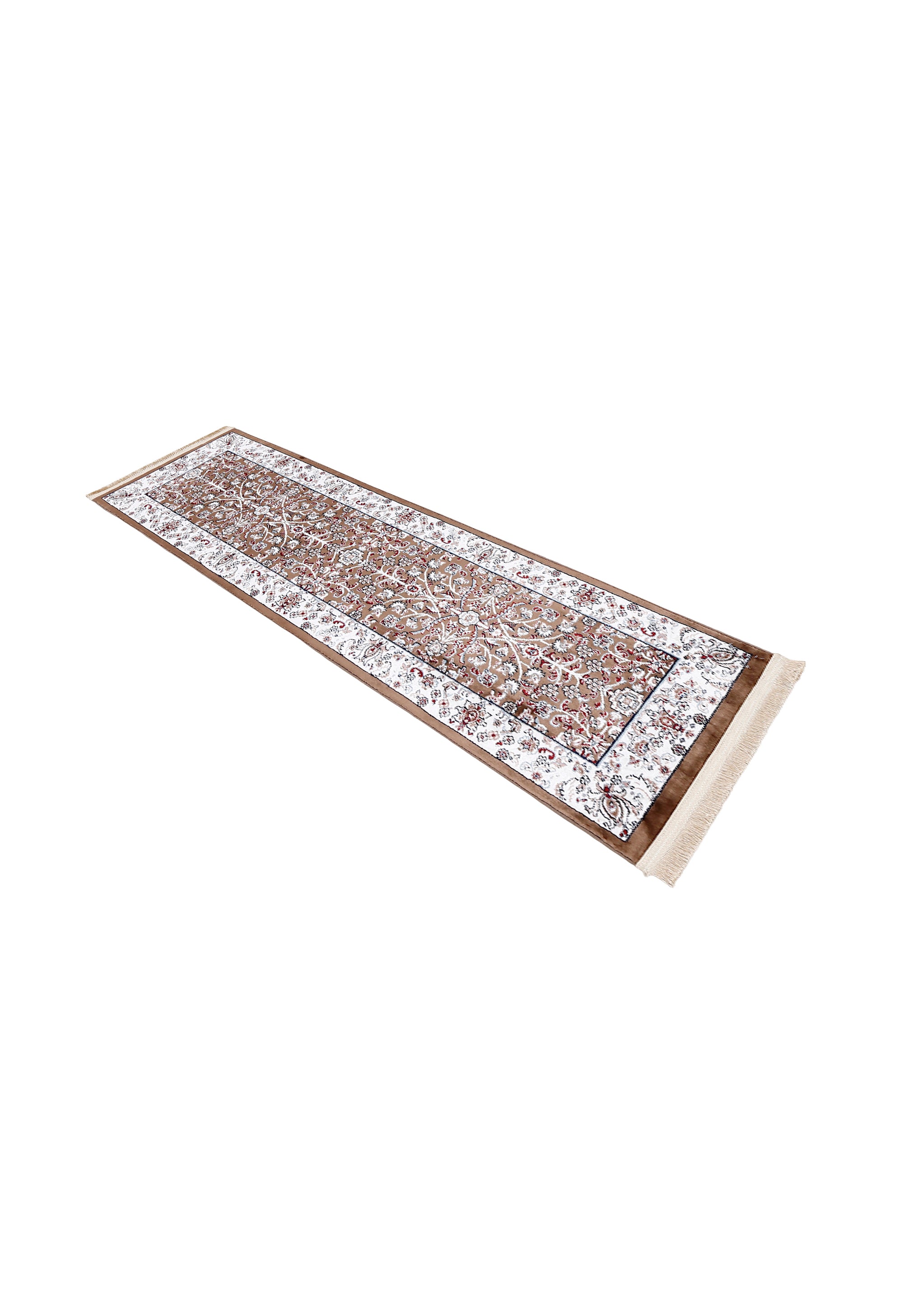 Side angle view of Beige Floral Vine Machine Woven Classic Art Silk Runner Rug by Khushi Living