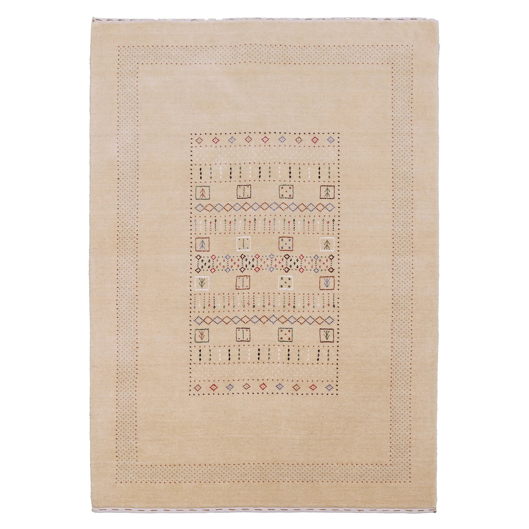 Full view of beige Hand Woven Loom Lori wool rug with multicolour tribal geometric motifs and decorative dotted border