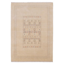 Full view of beige Hand Woven Loom Lori wool rug with multicolour tribal geometric motifs and decorative dotted border